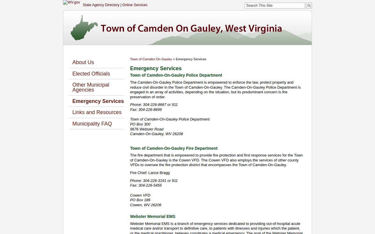 Camden-on-Gauley arrest-record source, official emergency-services page with Town Police contact information