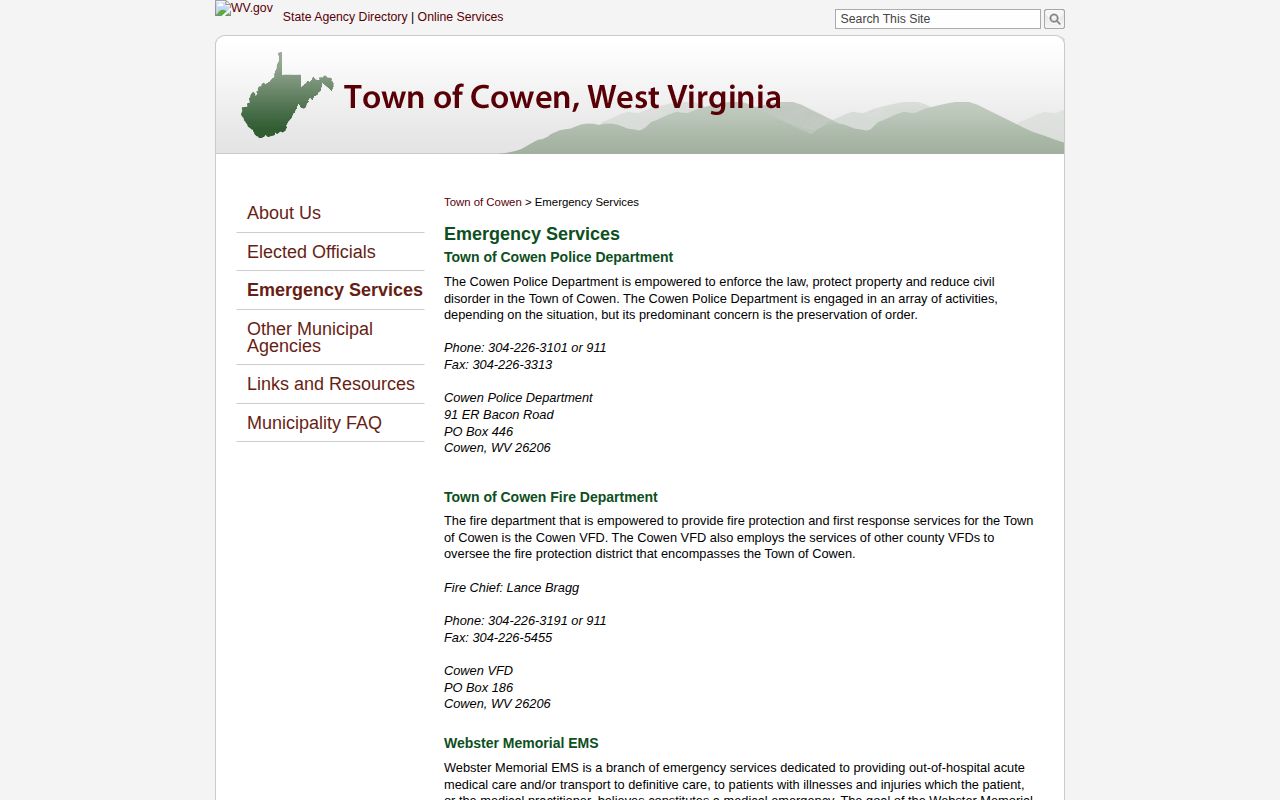 Cowen arrest-record source, official emergency-services page showing municipal police contact information