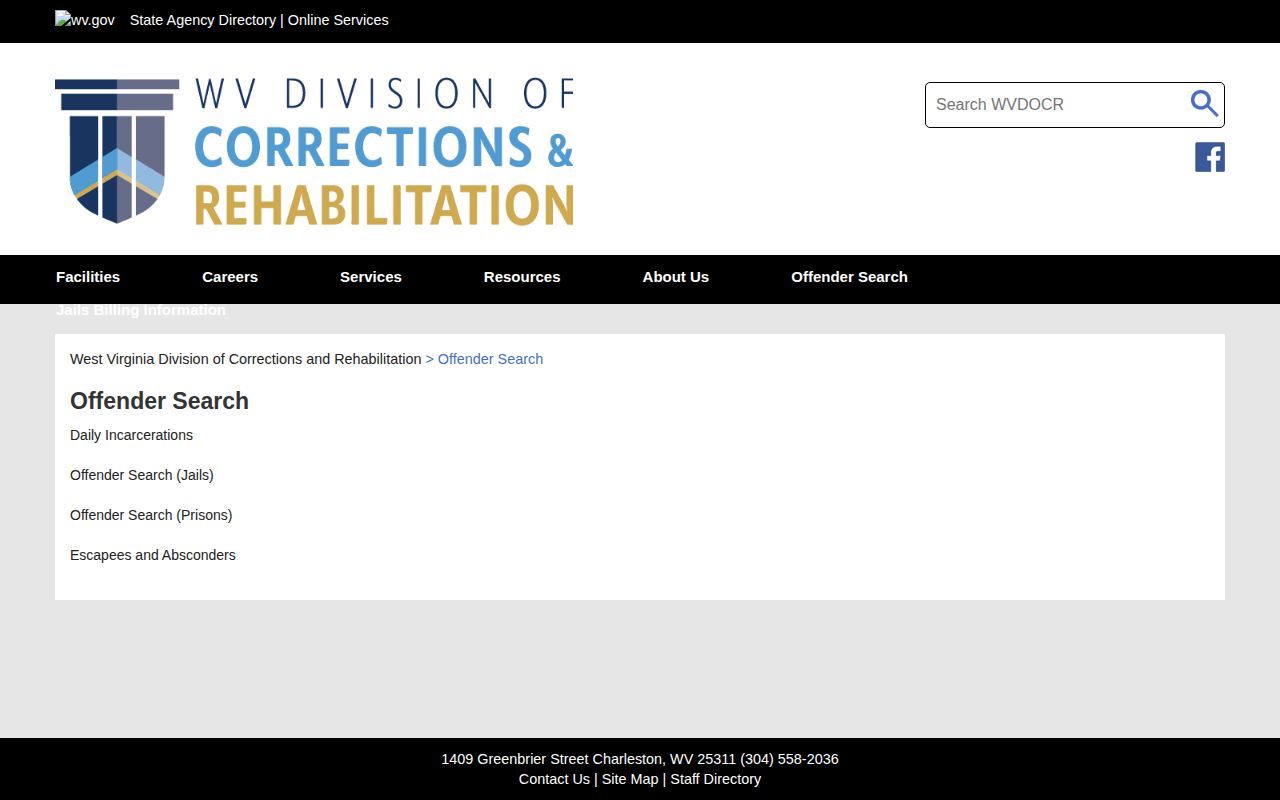 Webster County official WVDCR offender-search landing page for custody records
