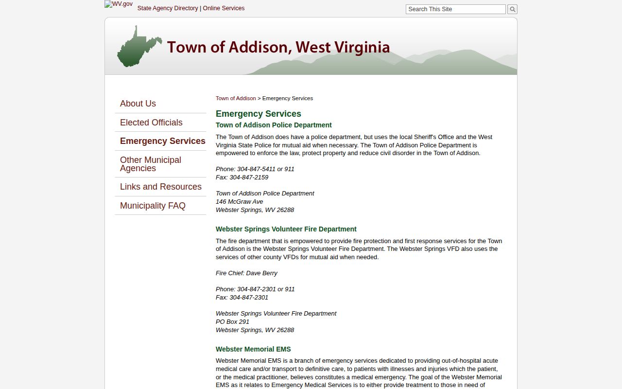 Webster Springs arrest-record source, Town of Addison official emergency-services page with police contact information